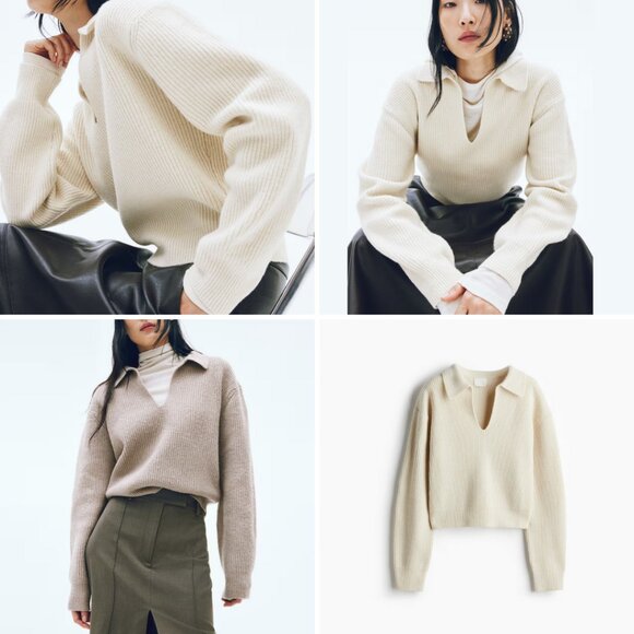 H&M Rib Knit Collared Sweater Long Sleeve Cropped Cream Size Small New With Tags - Picture 3 of 17